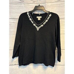 Notations Embellished Black Sweater Top With Silver Trim 3/4 Sleeves Size MP